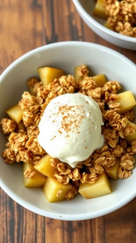 A bowl of apple crisp with a crunchy topping and a scoop of ice cream on a wooden table.